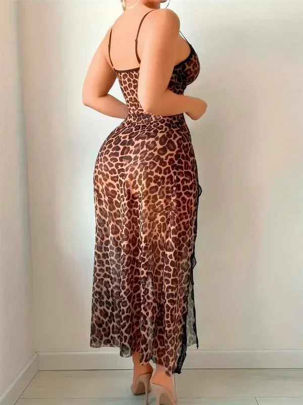 Leopar Desenli Yırtmaçlı Uzun Gecelik görsel 2