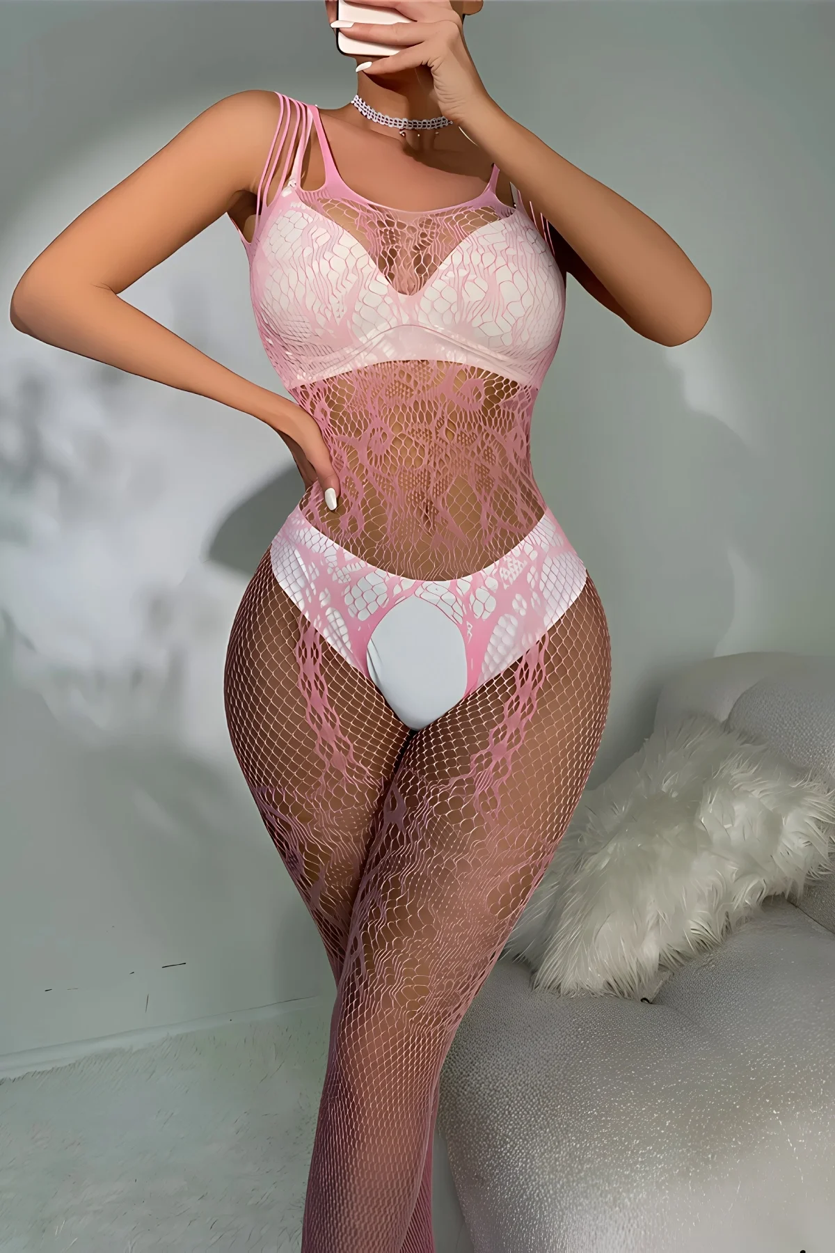 Pembe Askılı Dantel Detaylı File Vücut Çorabı TM1453 görsel 2