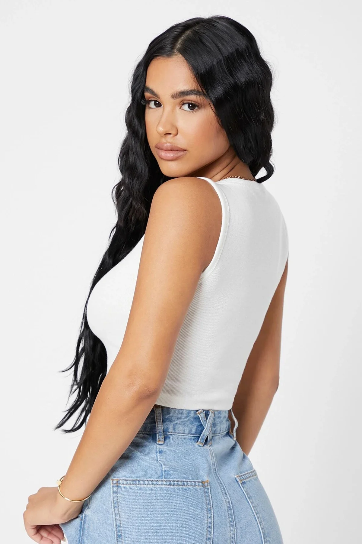 Kadın Beyaz Kare Yaka Crop Top Bluz görsel 2