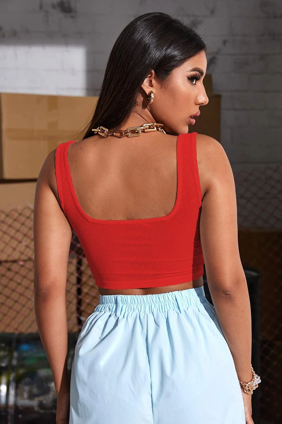Kadın Kırmızı Kalın Askılı Crop Top Büstiyer görsel 2