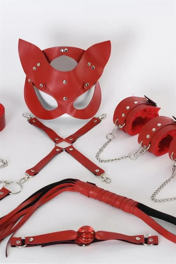 Kırmızı İçi Tüylü Maske,Kol,Bacak,Ağız Topu,Tasma Harness Set görsel 2