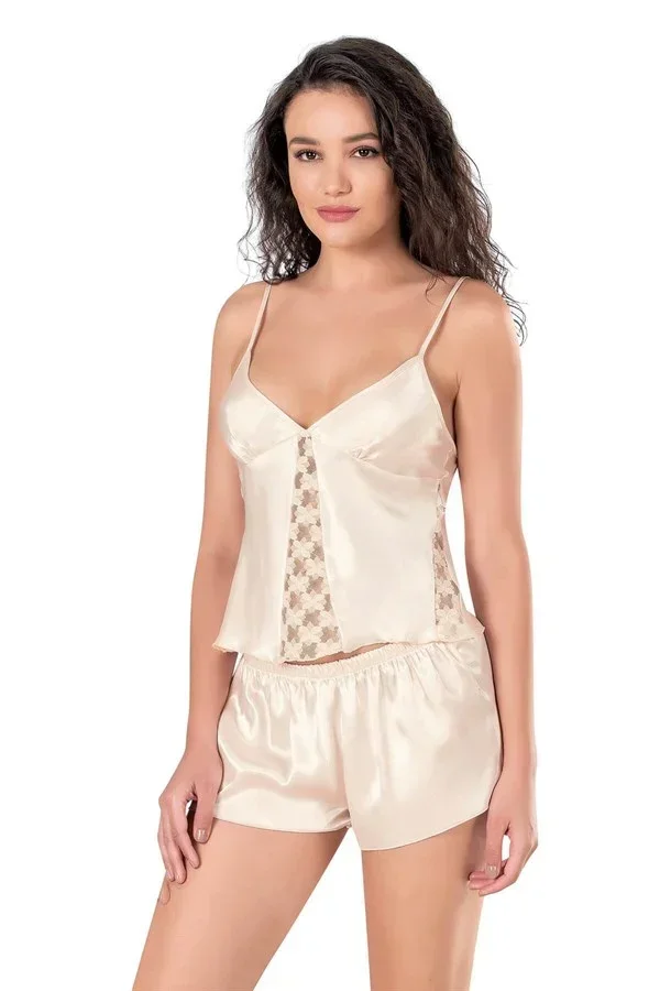 Fildişi Saten Babydoll Şort Takımı görsel 2