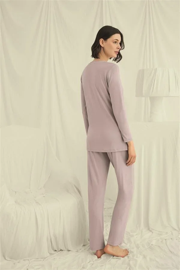 Uzun Kollu Boydan Düğmeli V Yaka Pijama Takımı görsel 6
