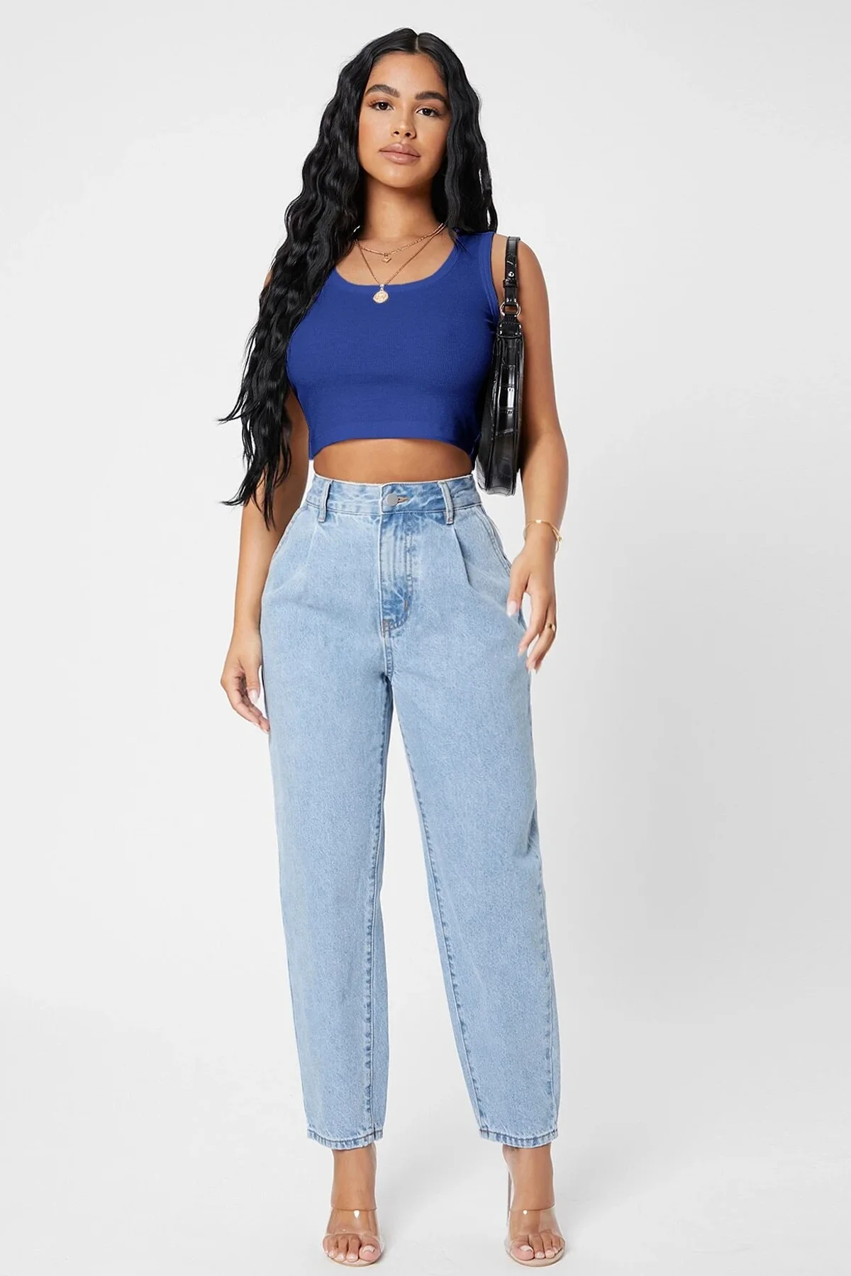 Kadın Lacivert Kare Yaka Crop Top Bluz görsel 3