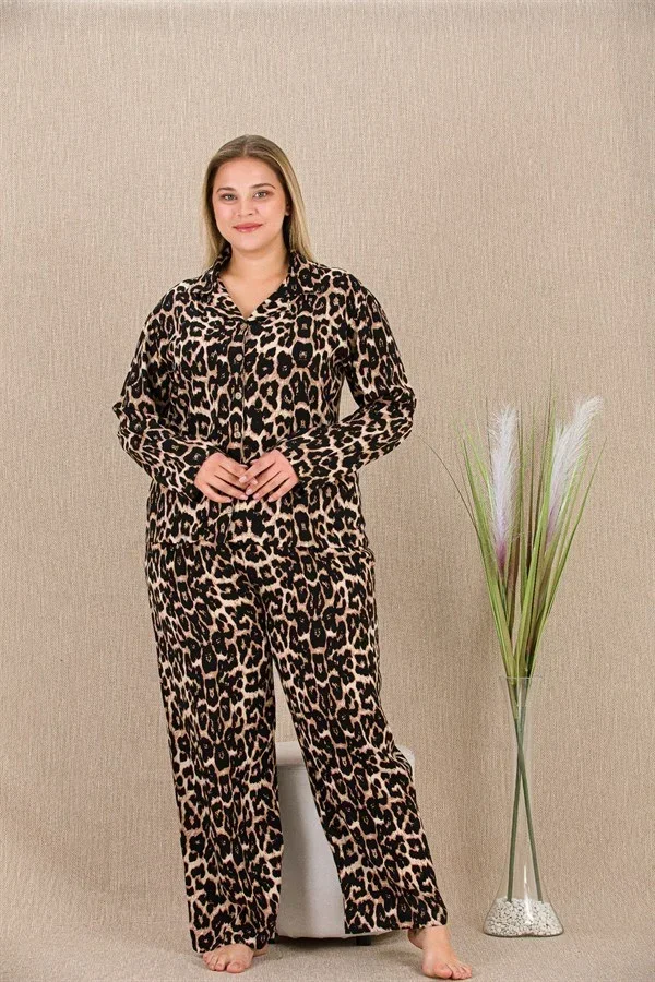 Büyük Beden Leopar Desenli Düğmeli Uzun Kol Viskon Pijama Takımı görsel 2