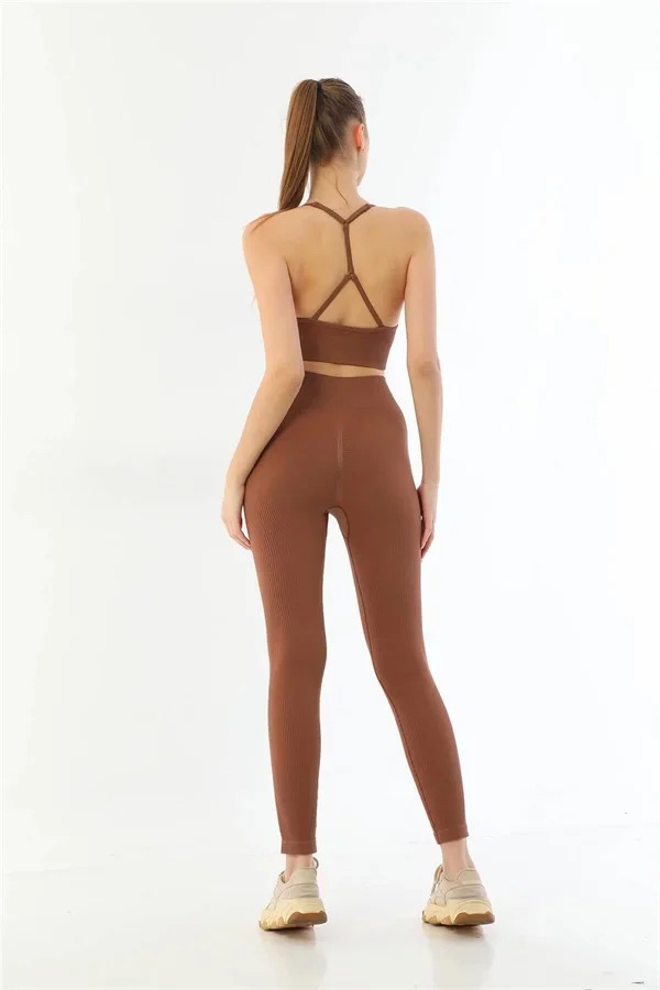 Kahve MI 3921 Soft Seamless Ripli Tayt Yoga Takımı görsel 2