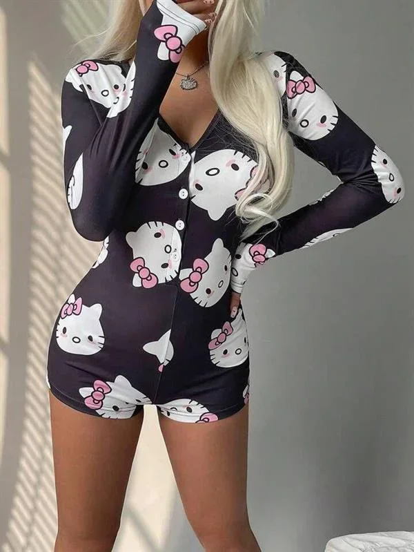 Pamuklu Siyah Hello Kitty Desenli Düğmeli Uzun Kol Tulum Pijama görsel 2
