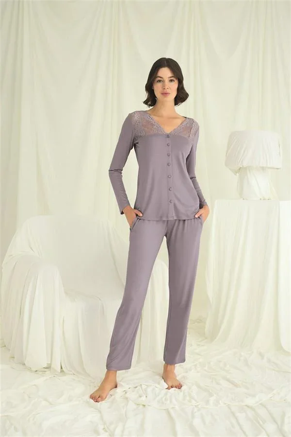 Yakası Kolu ve Omzu Dantelli Boydan Düğmeli Pijama Takımı görsel 2