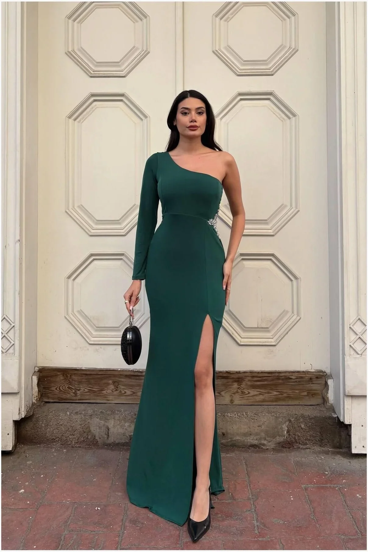 Kadın Trend Model Simli Kumaş Asimetrik Yaka Drapeli Tek Kollu Elbise
