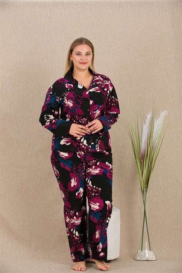 Büyük Beden Renkli Desenli Düğmeli Uzun Kol Viskon Pijama Takımı görsel 2