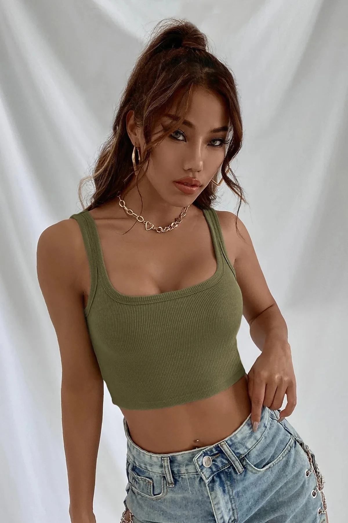 Kadın Haki Yeşili Kalın Askılı Crop Top Büstiyer görsel 4