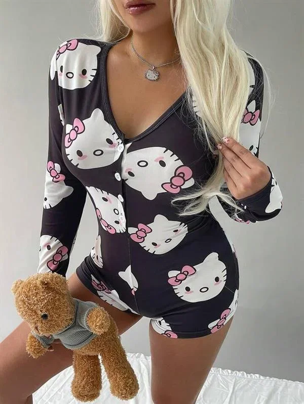 Pamuklu Siyah Hello Kitty Desenli Düğmeli Uzun Kol Tulum Pijama görsel 3