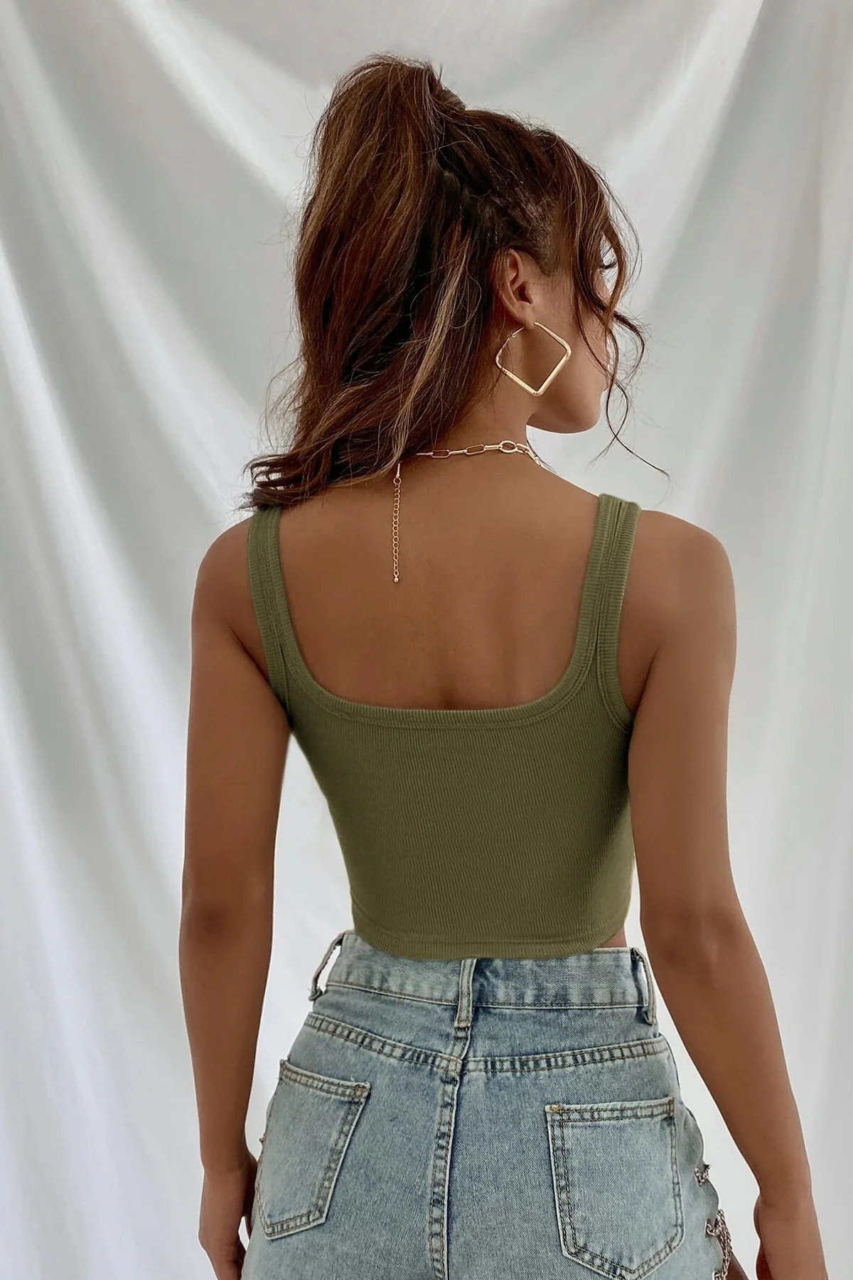 Kadın Haki Yeşili Kalın Askılı Crop Top Büstiyer görsel 2