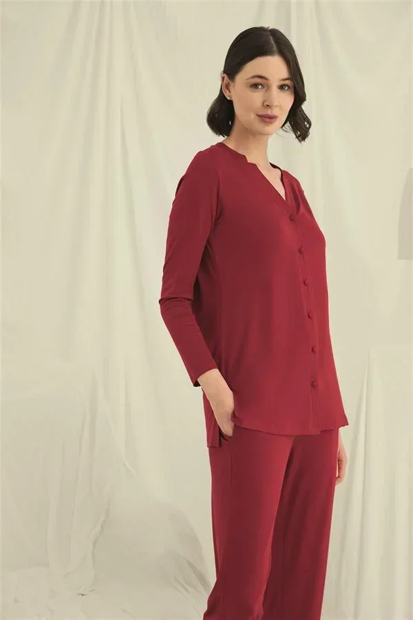 Uzun Kollu Boydan Düğmeli V Yaka Pijama Takımı görsel 2