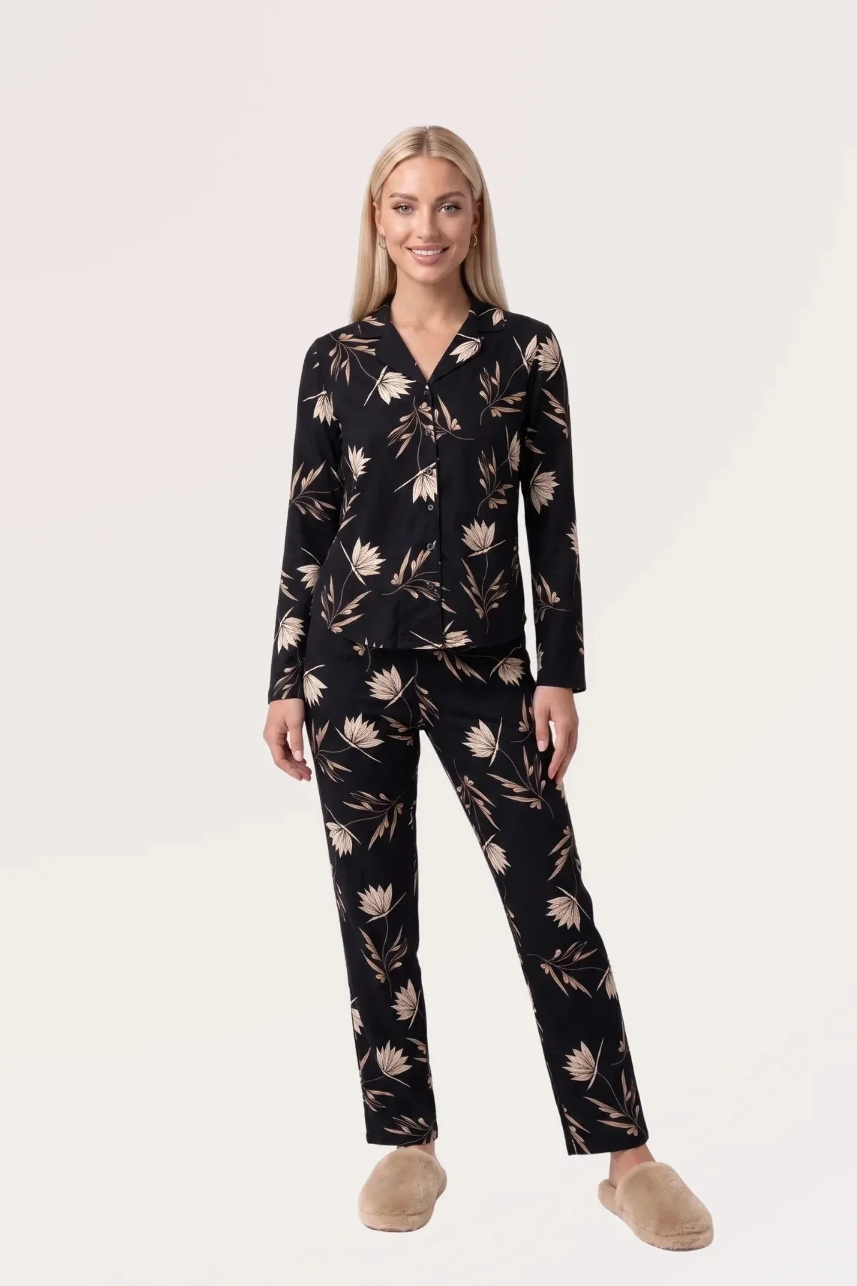 Pjs 30185 Kadın Önden Düğmeli Uzun Kol Pijama Takımı