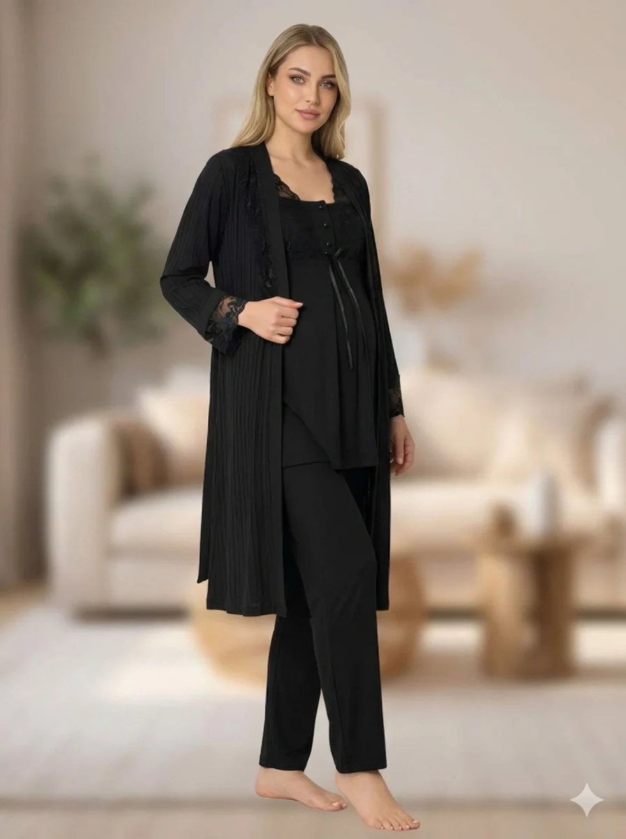 Bone 6205 Kadın 3'lü Jakarlı Sabahlıklı Lohusa Pijama Takımı