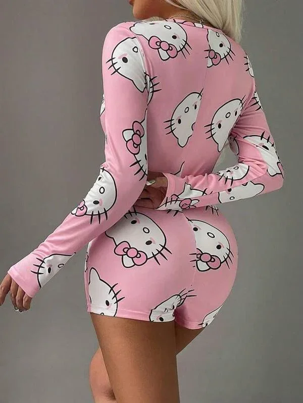 Pamuklu Pembe Hello Kitty Desenli Düğmeli Uzun Kol Tulum Pijama görsel 3