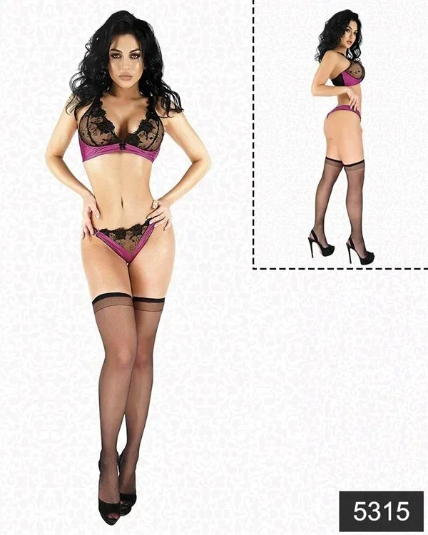 Saten Dantelli Çorap Sütyen Tanga Set