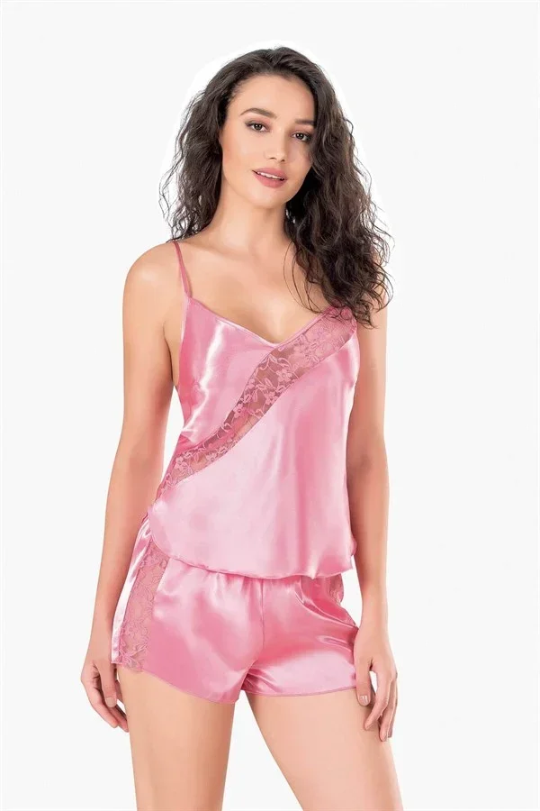 Koyu Pembe Saten Babydoll Şort Takımı görsel 2