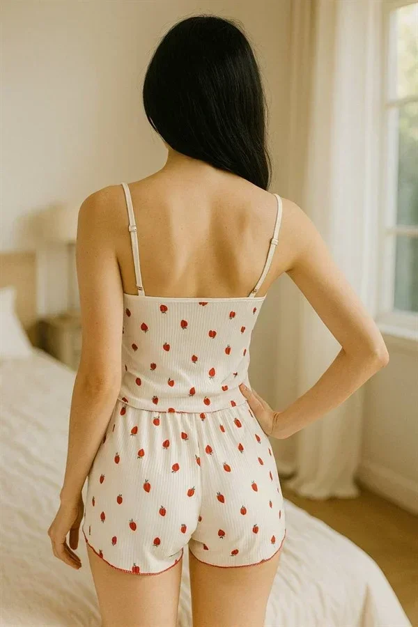 Beyaz Üstüne Çilek Desenli Askılı Şortlu Pijama Takımı görsel 2