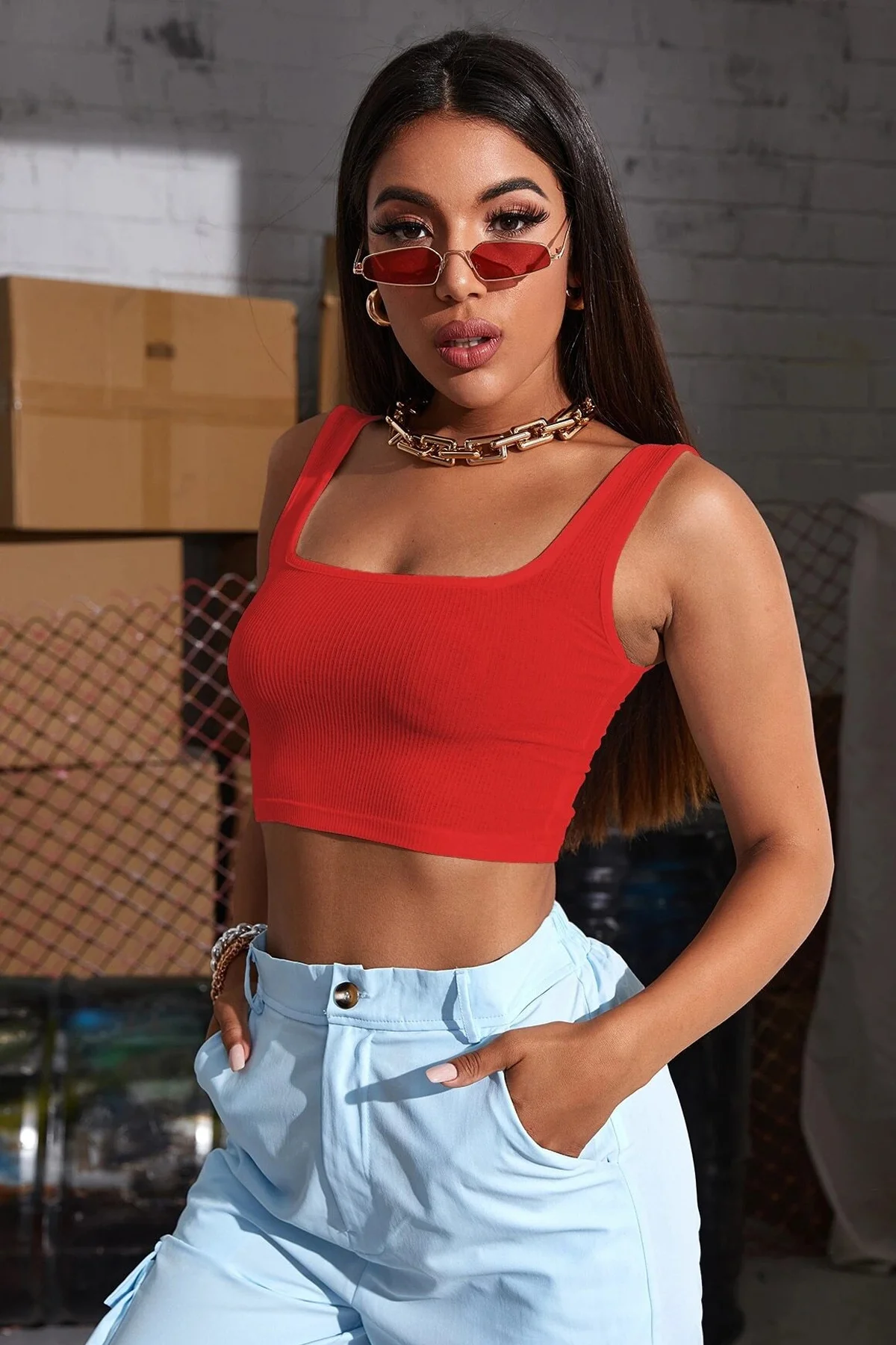 Kadın Kırmızı Kalın Askılı Crop Top Büstiyer