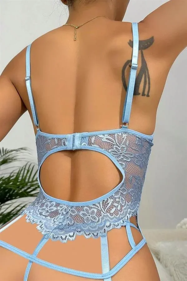Özel Tasarım Dantelli Mavi Jartiyer Takımı görsel 3