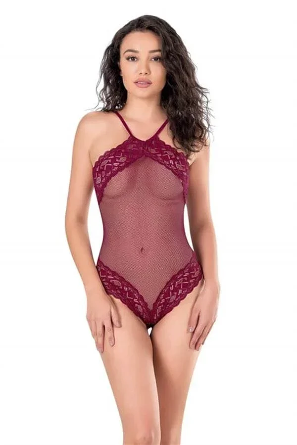 Dantel İşlemeli Bordo File Tül Bodysuit