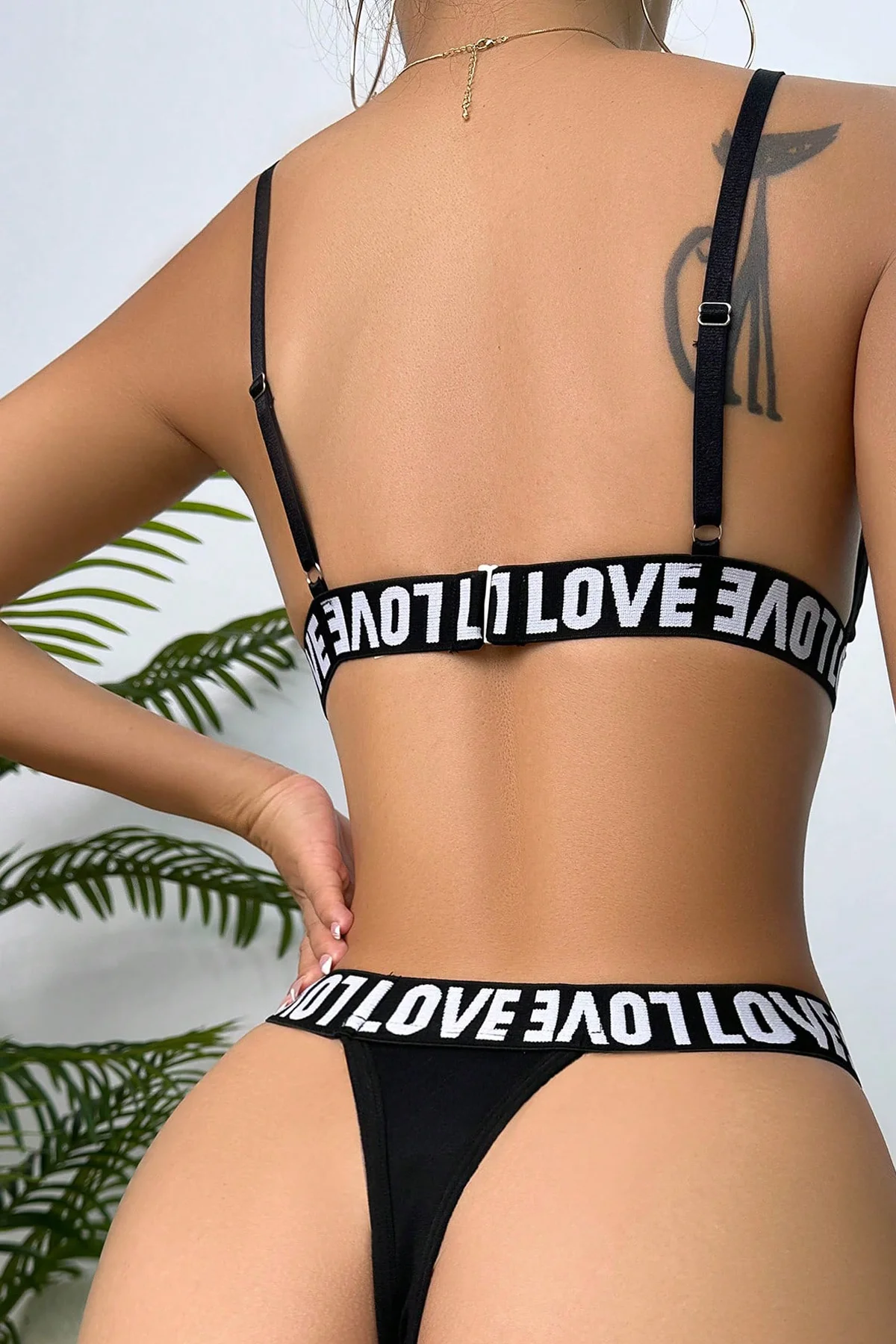 Kadın Siyah Love Yazı Detaylı Harness İç Çamaşır Takımı görsel 3