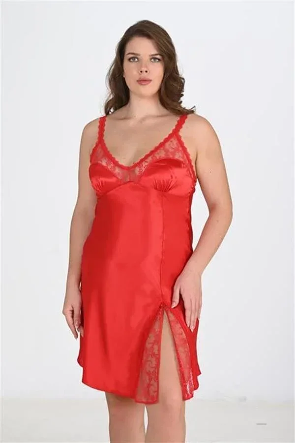 Premium Büyük Beden Saten Dantel İşlemeli Kırmızı Gecelik Bigsize görsel 2