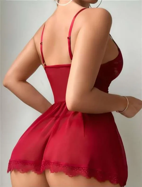 Bordo Dantel İşlemeli Tül Gecelik görsel 2