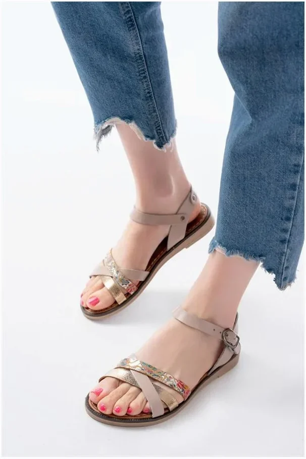 Kadın Garni Sandalet Hakiki Topuklu Be Ortopedik Dolgu Deri görsel 2
