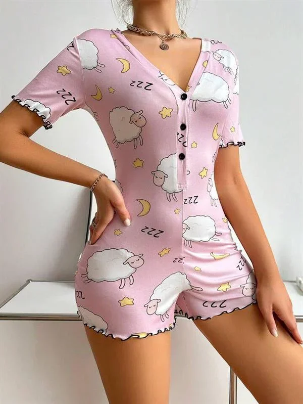 Pamuklu Pembe Kuzu Desenli Düğmeli Uzun Kol Tulum Pijama görsel 2