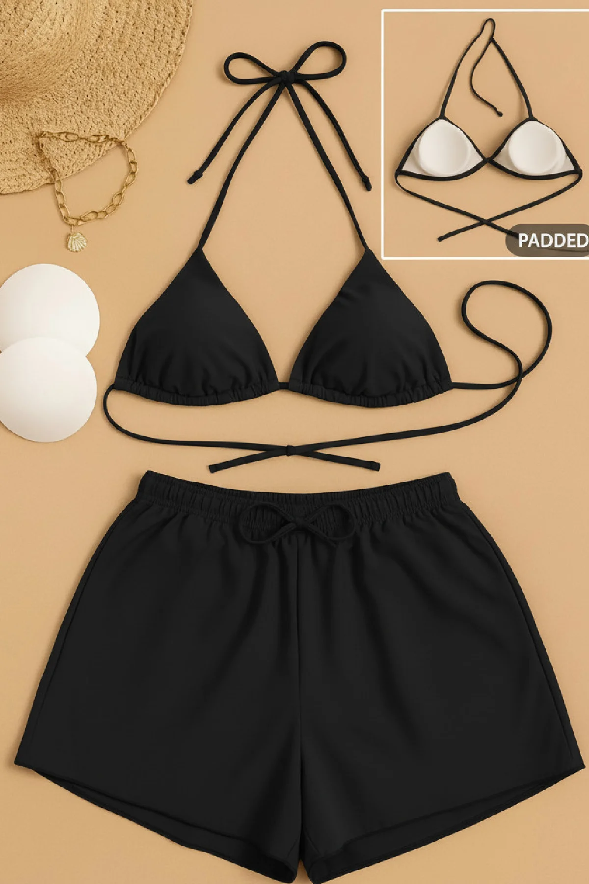 Kadın 3'lü Set Siyah Şortlu ve Yandan Bağlamalı Bikini Mayo Takımı görsel 2