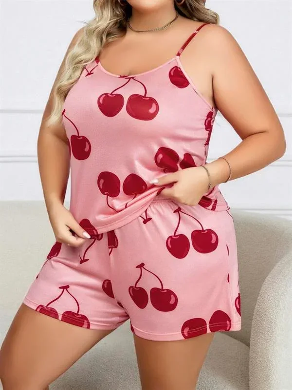 Büyük Beden Pembe Kiraz Desen İnce Askılı Pamuklu Şortlu Pijama Takımı görsel 2