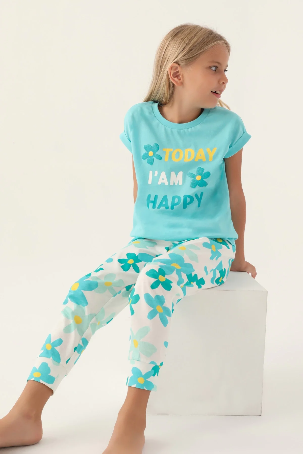 Roly Poly 3394-2 Kız Çocuk Çiçekli Kısa Kol Pijama Takım görsel 3