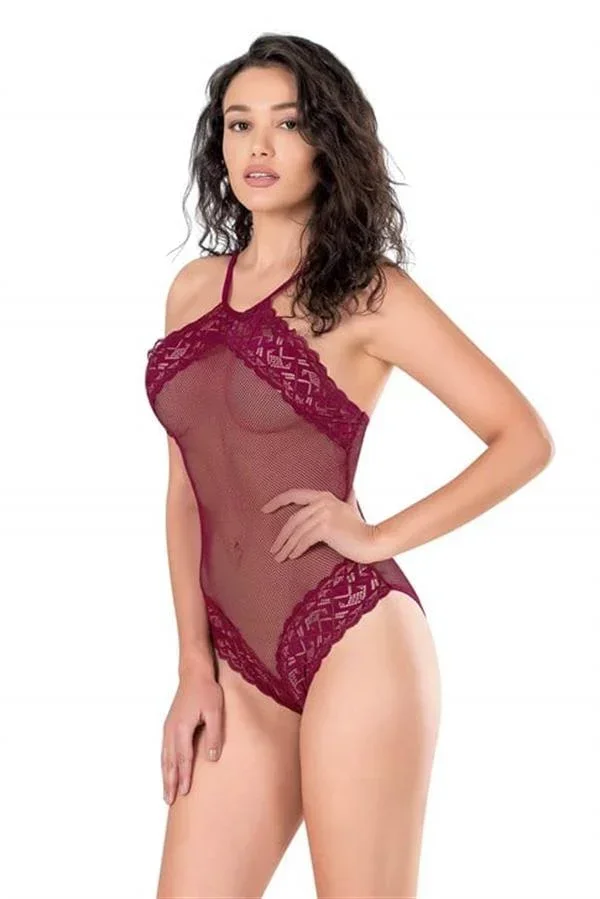 Dantel İşlemeli Bordo File Tül Bodysuit görsel 2