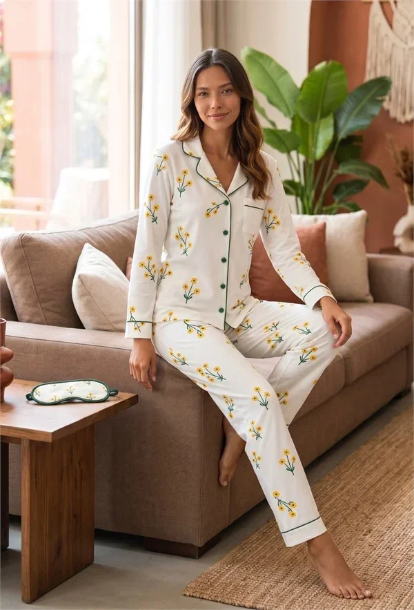 Pamuklu Yumuşak Dokulu Beyaz Üstüne Sarı Papatya Çiçek Desenli Biyeli Düğmeli Pijama Takımı (Uyku Gözlüğü Hediye) görsel 2