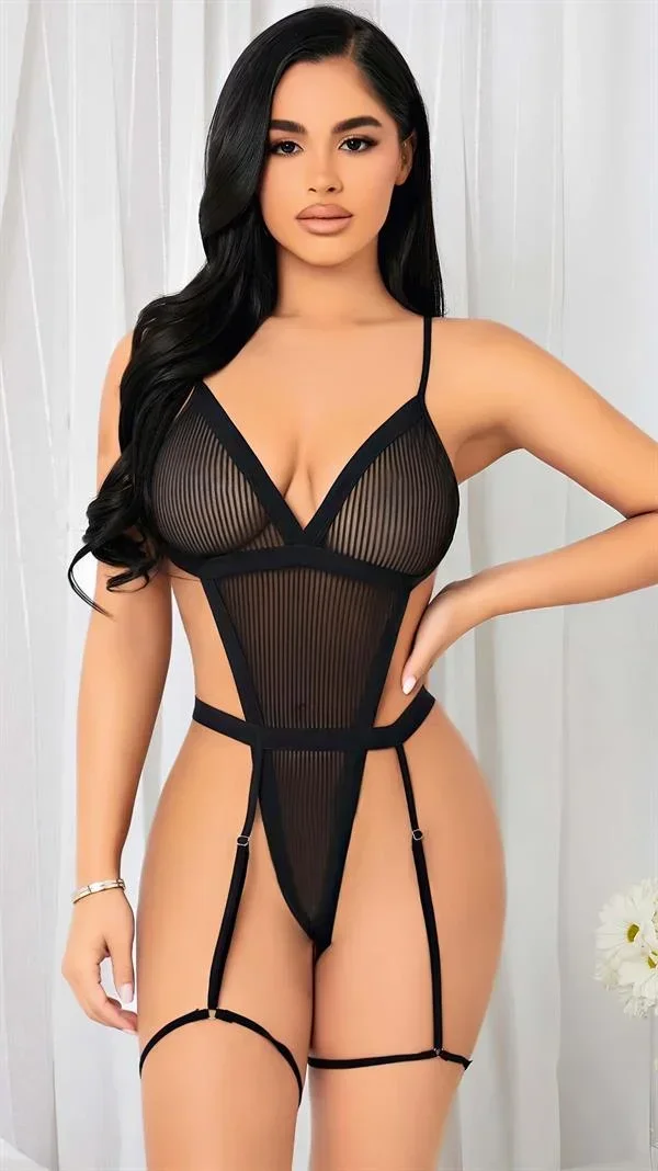 Siyah İp Detaylı Tül Body