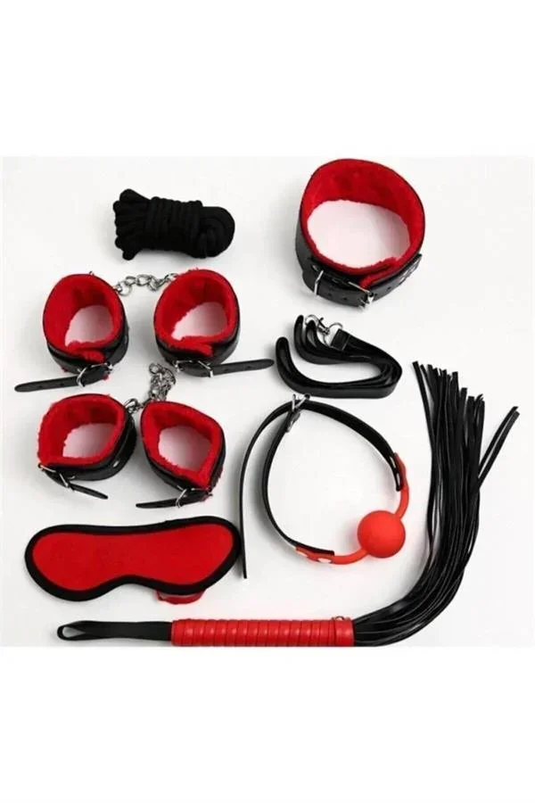 Kırmızı/Siyah İçi Tüylü Deri 7'li Harness Set görsel 2