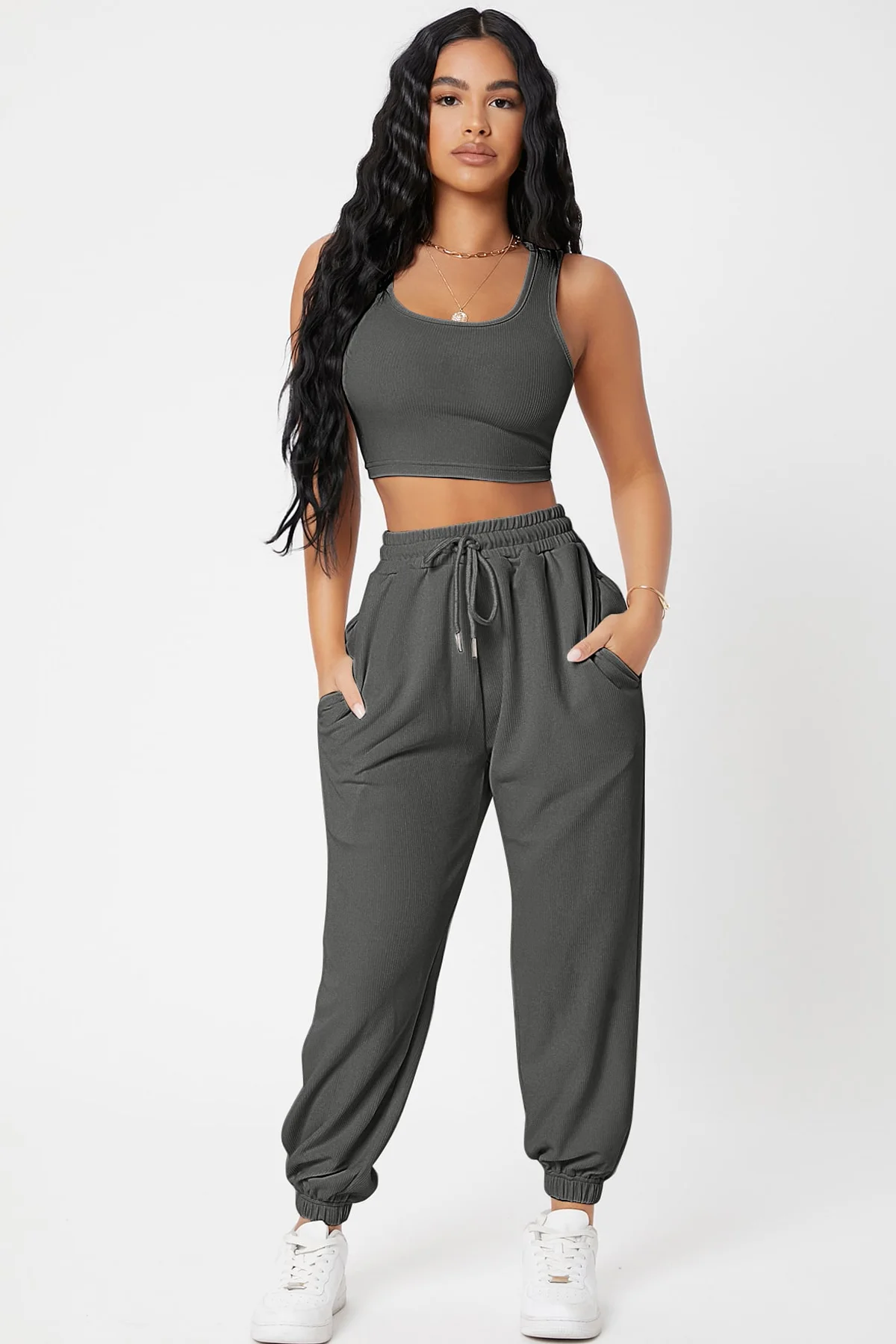 Kadın Antrasit Gri Kaşkorse Cepli Jogger Eşofman Altı ve Crop Top Bluz görsel 5