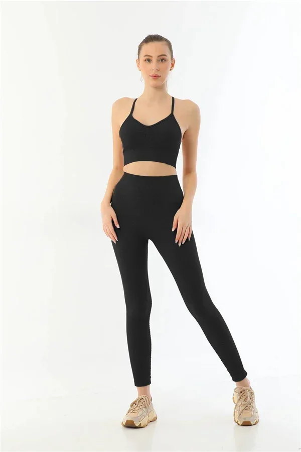 Siyah MI 3921 Soft Seamless Ripli Tayt Yoga Takımı