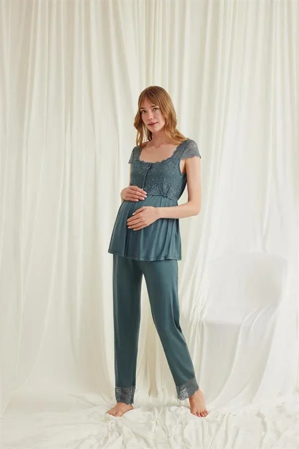 Dantelli Önü Düğmeli Hamile Lohusa 3'lü Viskon Pijama Takımı görsel 10