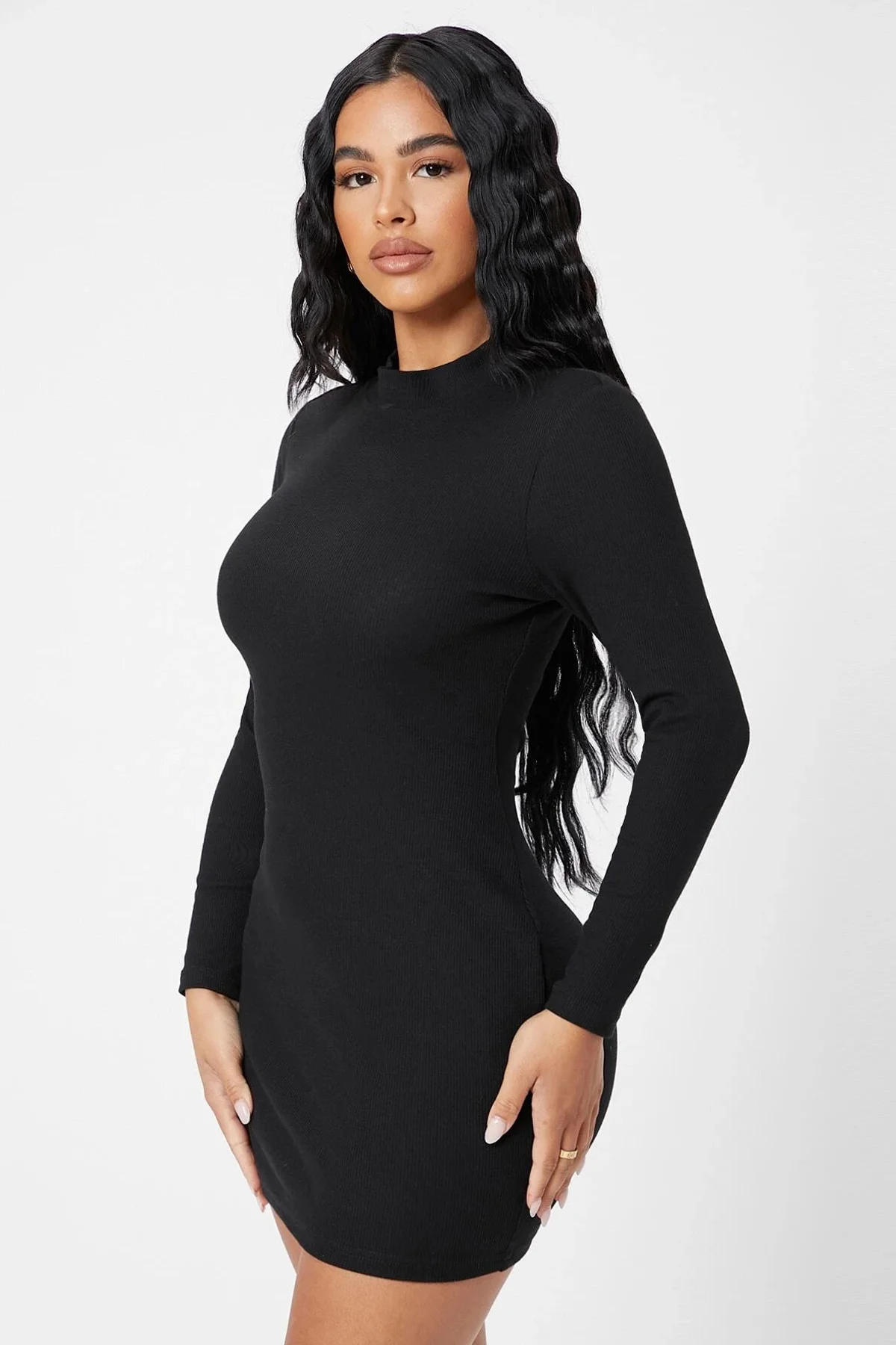 Kadın Siyah Kaşkorse Balıkçı Yaka Uzun Kollu Bodycon Mini Elbise görsel 5