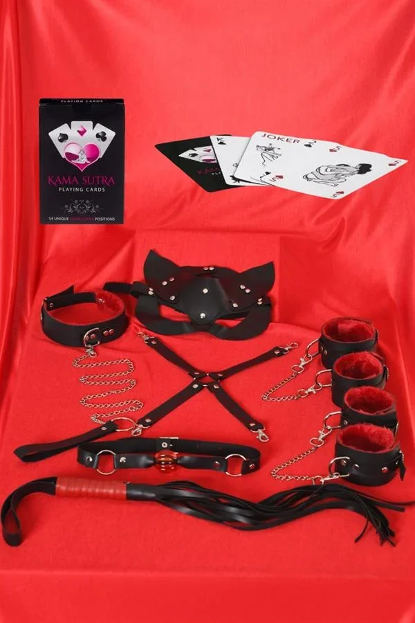 Görselli Oyun Kartı Kama Sutra 7'li Kırmızı Siyah Harness Set