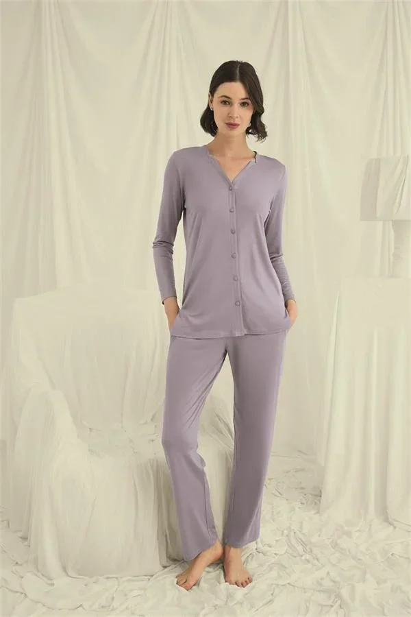 Uzun Kollu Boydan Düğmeli V Yaka Pijama Takımı
