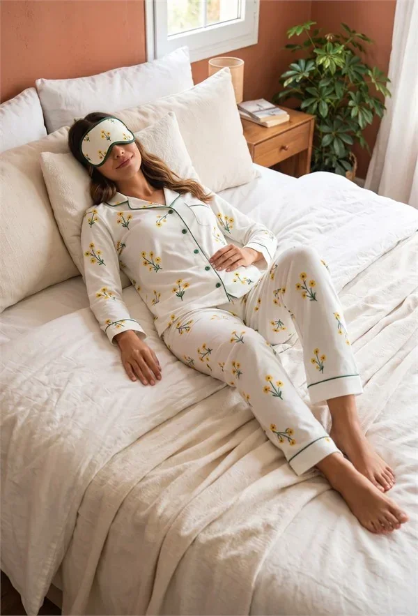 Pamuklu Yumuşak Dokulu Beyaz Üstüne Sarı Papatya Çiçek Desenli Biyeli Düğmeli Pijama Takımı (Uyku Gözlüğü Hediye) görsel 3