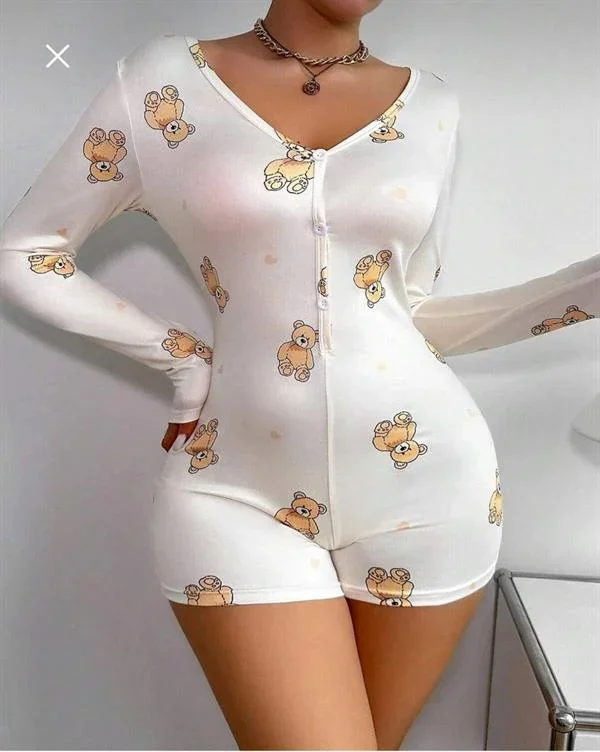 Pamuklu Beyaz Ayıcık Desenli Düğmeli Uzun Kol Tulum Pijama görsel 4