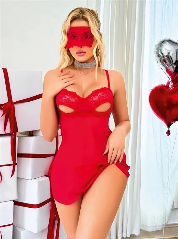 Kırmızı Göğüs Dekolteli Göz Bantlı String Tül Gecelik Takımı görsel 4