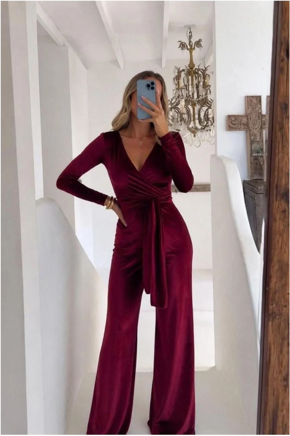 Esnek Kuşaklı Kadife Yaka Kruvaze Maxi Tulum Kumaş