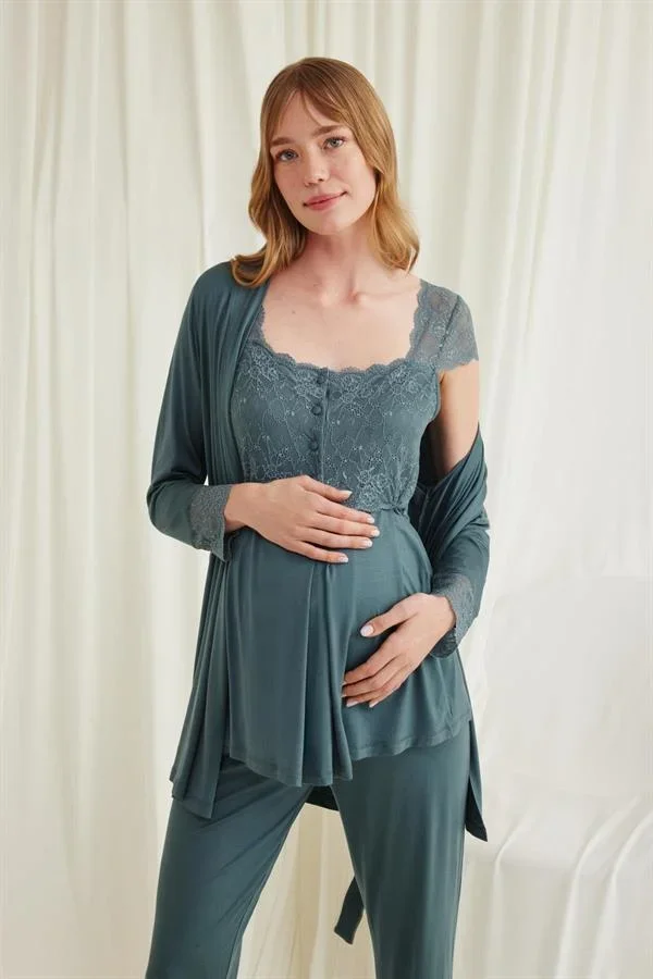 Dantelli Önü Düğmeli Hamile Lohusa 3'lü Viskon Pijama Takımı görsel 4